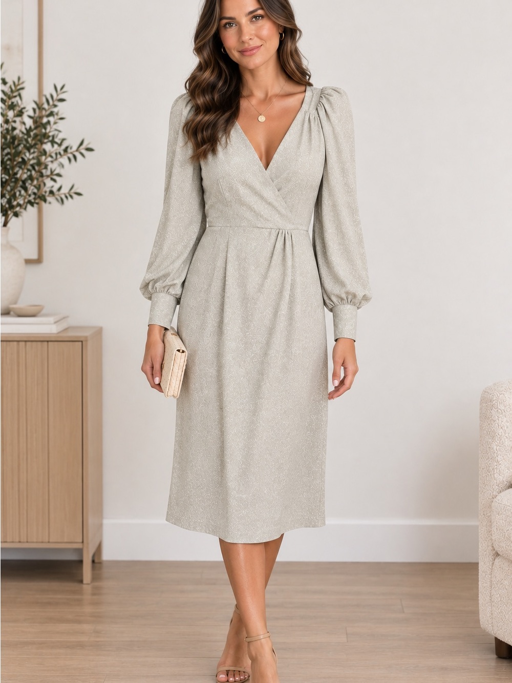 City Chic Silver-Gray V-Neck Puff Sleeve Midi Dress